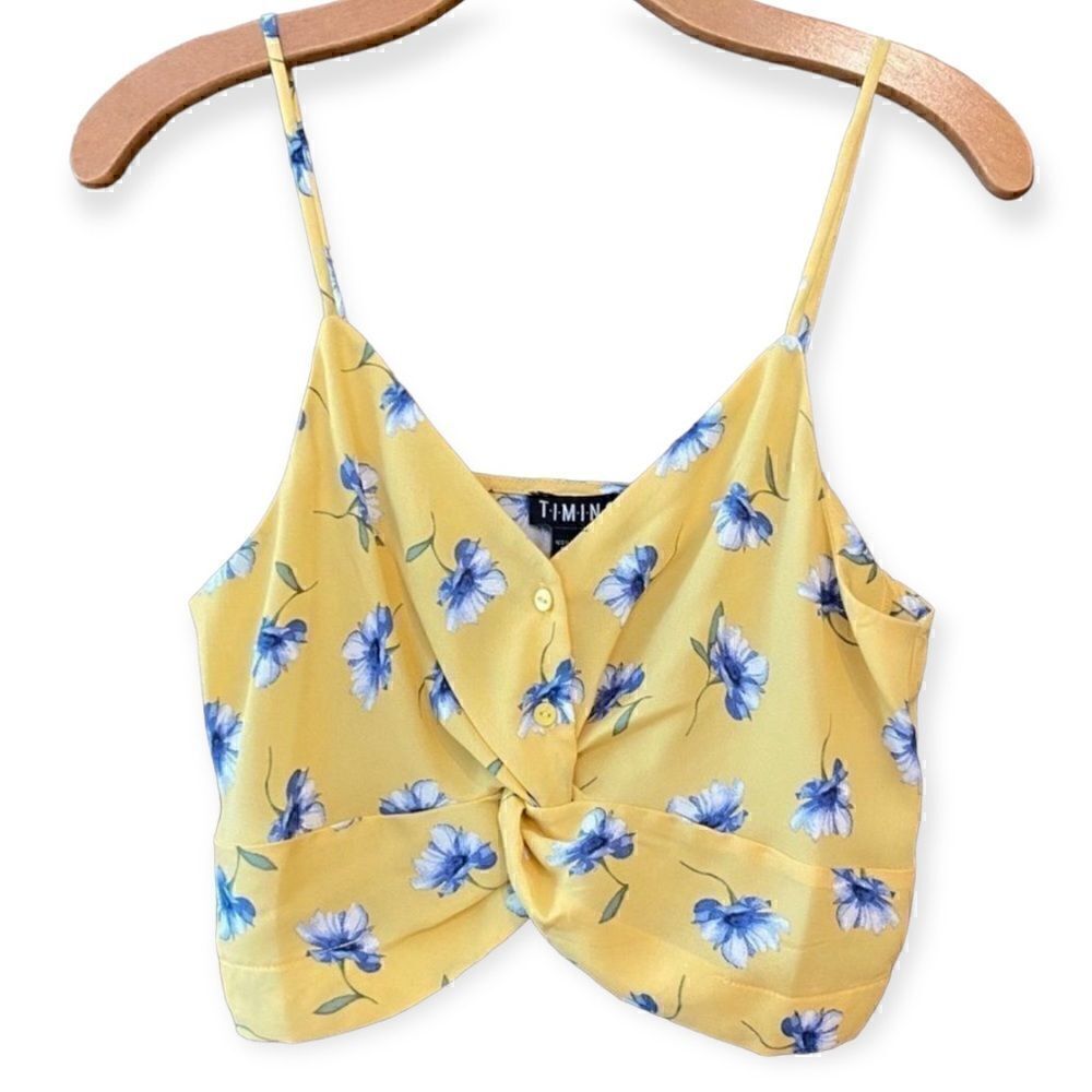 Timing Sz S Yellow Knotted Front Sexy Floral Cottagecore Strappy Halter Top